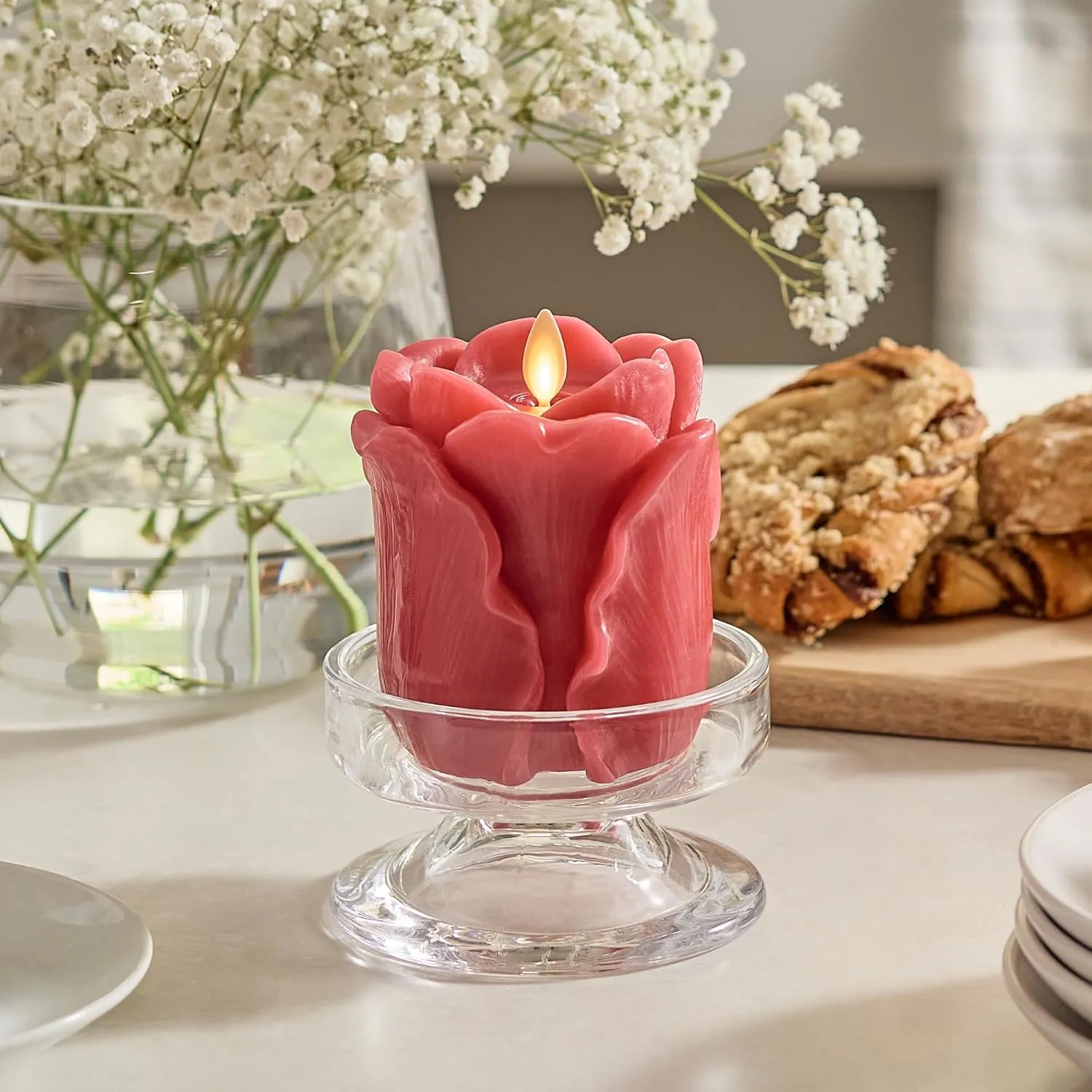 Luminara True Red Rose Flameless Candle - 3.6" x 4.3" Rosebud Pillar - Real Flame Technology w/Flickering LED Light - Perfect for Mother's Day