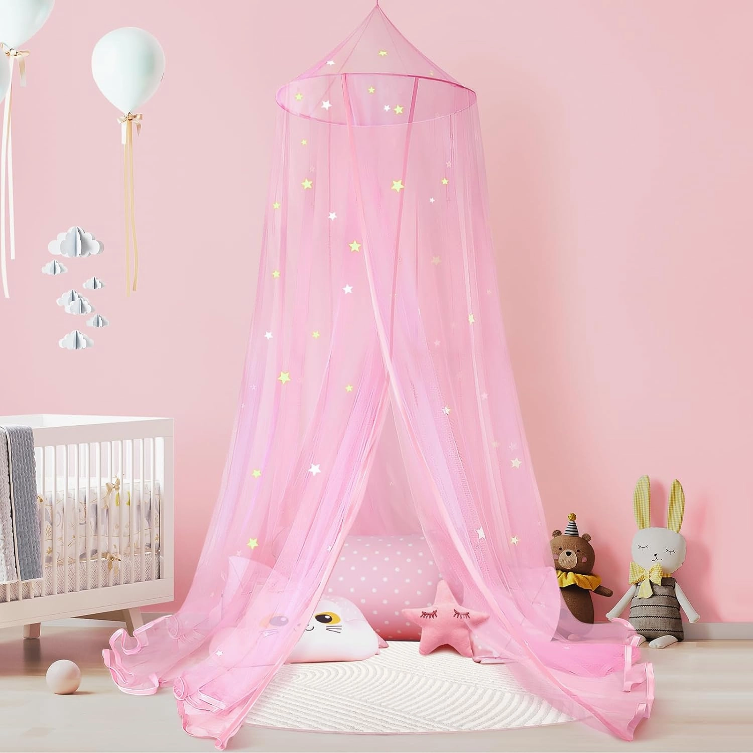MACEVIA Princess Bed Canopy for Girls Room with Glowing Stars, Pink Gifts for Girls Canopy Bed Netting, Princess Castle Playhouse Tent Indoor, Kids Single Twin Full Size Net Canopy Double Sided Stars