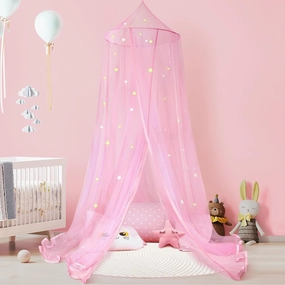 MACEVIA Princess Bed Canopy for Girls Room with Glowing Stars, Pink Gifts for Girls Canopy Bed Netting, Princess Castle Playhouse Tent Indoor, Kids Single Twin Full Size Net Canopy Double Sided Stars
