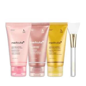 medicube Korean Overnight Glow Mask Trio:PDRN Caffeine & Collagen & Kojic Acid Turmeric Overnight Wrapping Peel Off Facial Mask and Jelly Brush