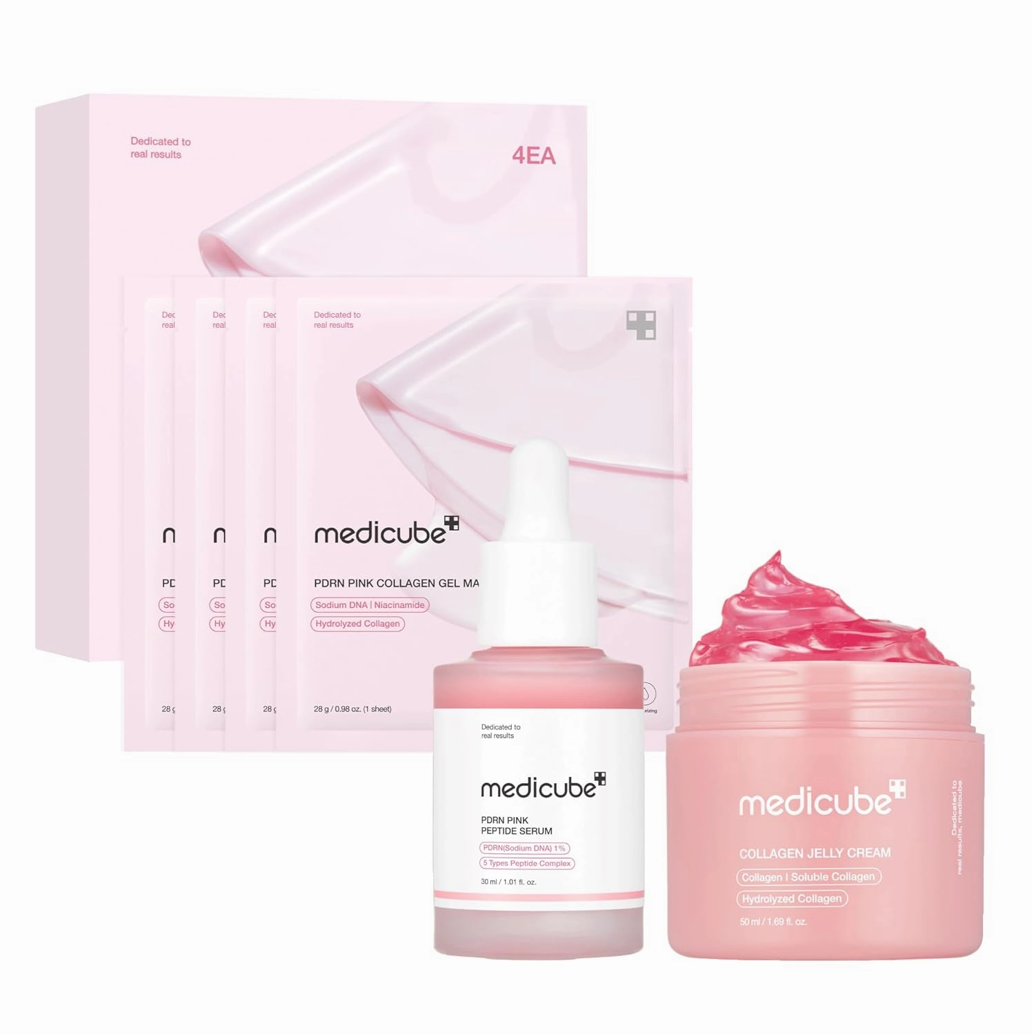 medicube Pink Glass Glow Skin Trio - Salmon DNA PDRN pink collagen jelly gel mask (4ea)   PDRN Pink Peptide Serum, Pink glow serum 50ml  Collagen Jelly Cream-50ml