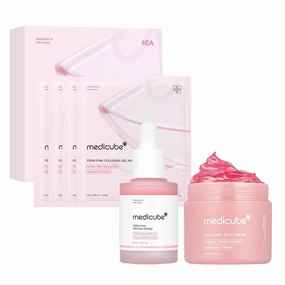 medicube Pink Glass Glow Skin Trio - Salmon DNA PDRN pink collagen jelly gel mask (4ea)   PDRN Pink Peptide Serum, Pink glow serum 50ml  Collagen Jelly Cream-50ml