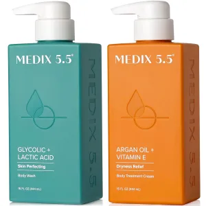 Medix 5.5 Glycolic Acid Exfoliating Face & Body Wash Cleanser   Argan Oil Moisturizing Body Cream Lotion 2PC Skin Care Set | Alpha Hydroxy Acid & Lactic Acid Foaming Face Wash, 2PC Set