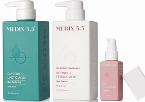 Medix 5.5 Fragrance Free Retinol Age Rewind Cream   Glycolic Acid Exfolating Body Wash   3% Hyaluronic Acid Hydrating Body Serum Set