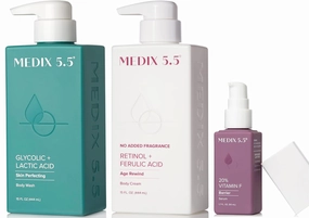 Medix 5.5 Fragrance Free Retinol Age Rewind Cream   Glycolic Acid Exfoliating Body Wash   20% Vitamin F Hydrating Body Serum Set