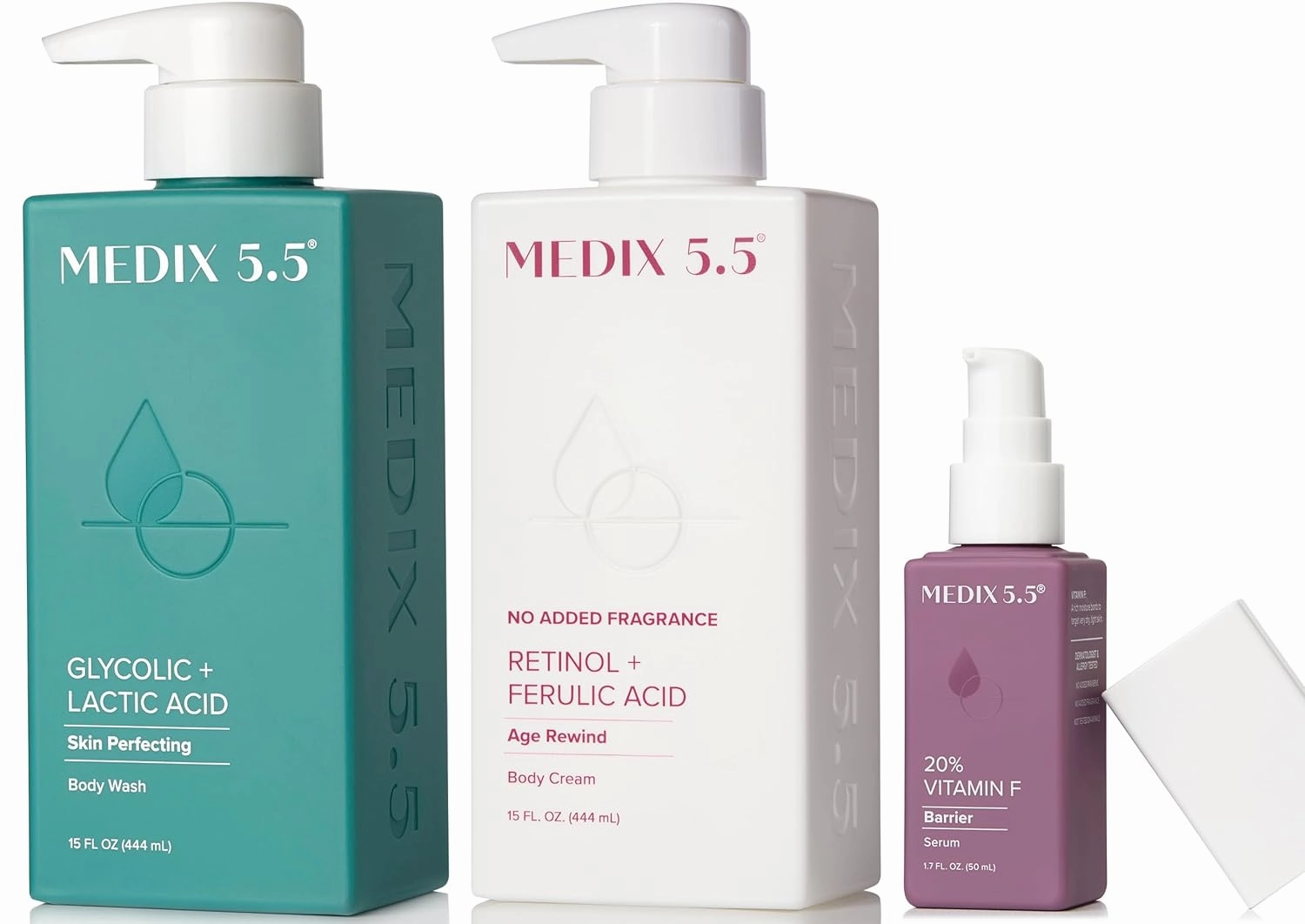 Medix 5.5 Fragrance Free Retinol Age Rewind Cream   Glycolic Acid Exfoliating Body Wash   20% Vitamin F Hydrating Body Serum Set