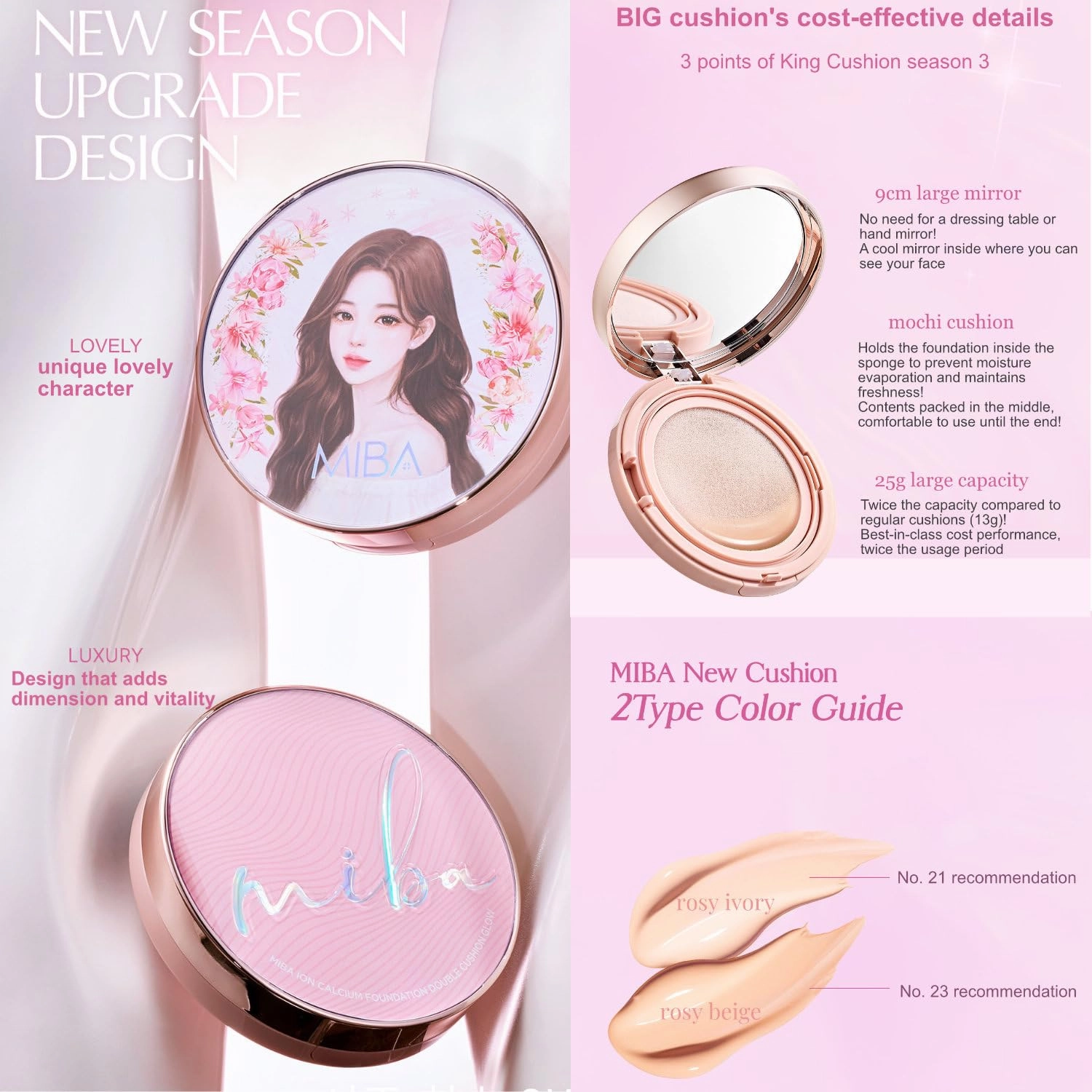 MIBA Ion Calcium Foundation Double Cushion Glow 25 g / 0.88 oz Big Cushion SEASON 3. Long Lasting Cover Effect. Moisture glow. Skin tightening relief. Smooth adhesion. (Luxury #23 Rosy Beige)