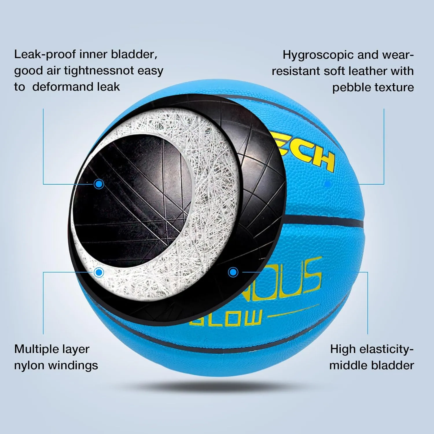 Mila Chic Basketball Glow in The Dark, Cool Glowing Indoor Outdoor Luminous Leather Basketball Size 7/6/5 for Men, Women, Teenager (with Pump)