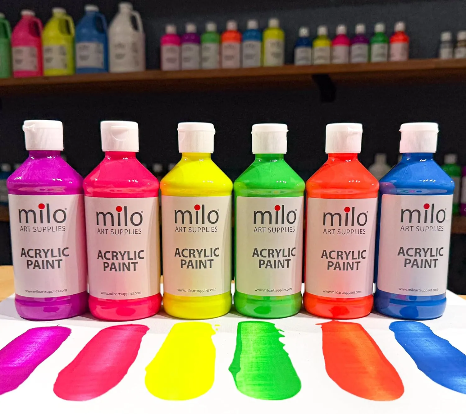 milo Fluorescent Acrylic Paint Set of 6 Colors | 4 oz Bottles | Student Neon Colors Acrylics Painting Pack | Made in the USA | Non-Toxic Art & Craft Paints for Artists, Kids, & Hobby Painters