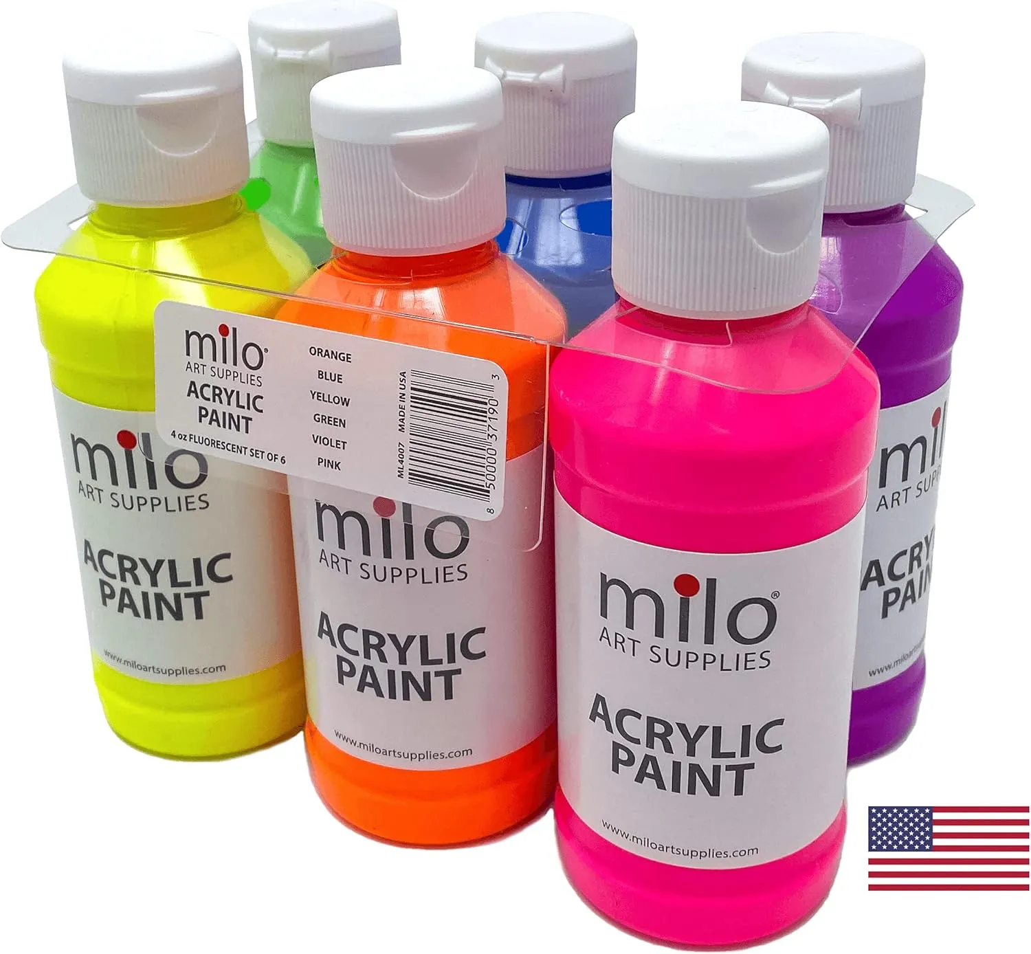 milo Fluorescent Acrylic Paint Set of 6 Colors | 4 oz Bottles | Student Neon Colors Acrylics Painting Pack | Made in the USA | Non-Toxic Art & Craft Paints for Artists, Kids, & Hobby Painters