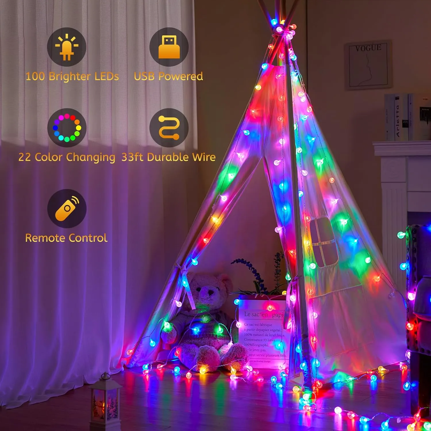 Minetom USB Globe String Lights - 33 ft 100 LED Color Changing Globe Fairy Lights with Remote and Timer, 16 Single Colors and 7 Modes for Bedroom, Dorm, Tent, Bed, Patio, Christmas Party