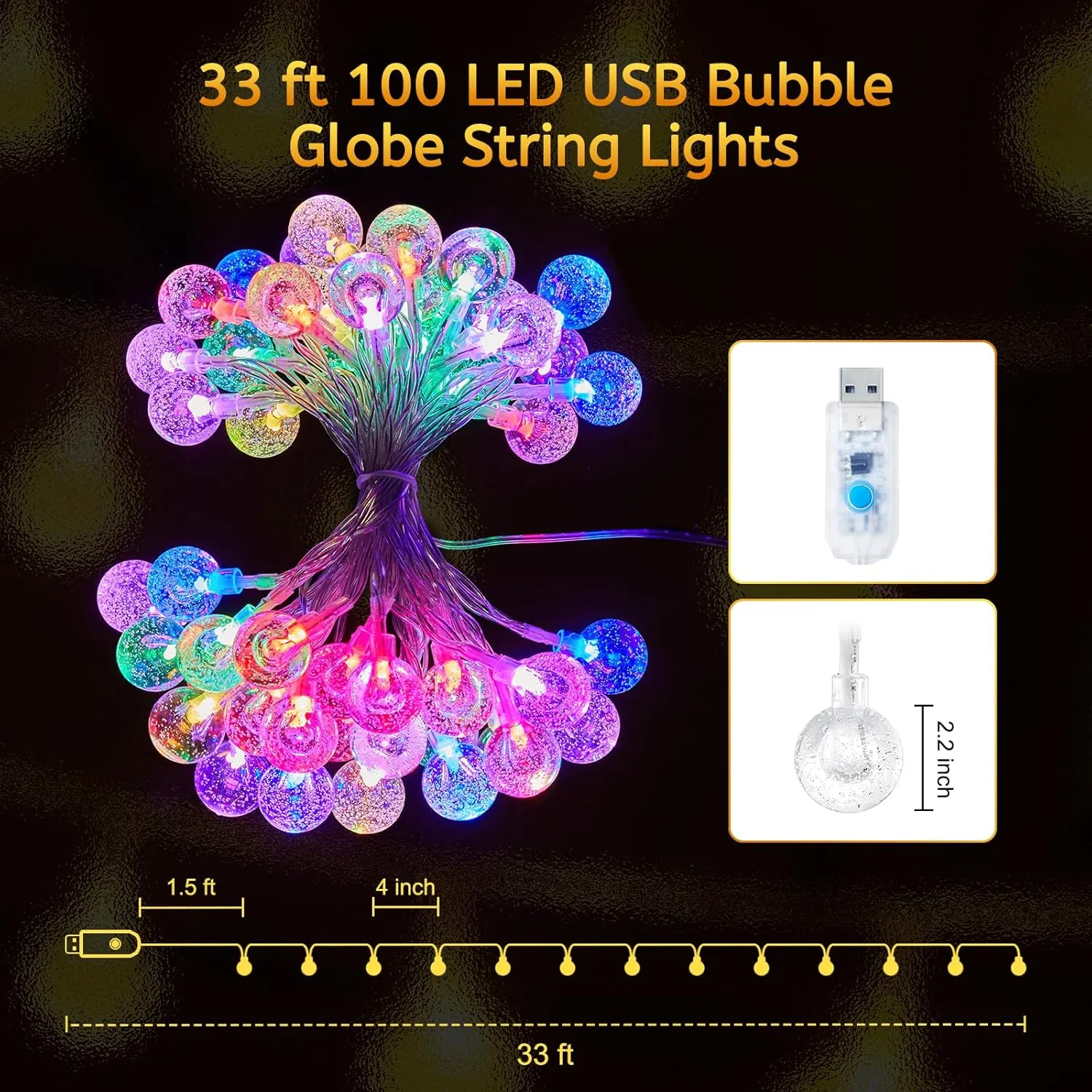 Minetom USB Globe String Lights - 33 ft 100 LED Color Changing Globe Fairy Lights with Remote and Timer, 16 Single Colors and 7 Modes for Bedroom, Dorm, Tent, Bed, Patio, Christmas Party
