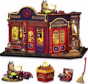 Miniature House Kit Magic Energy Station, DIY Dollhouse Kit for Adults & Teens, Tiny House Craft Decor with LED Lights, Wooden Mini Model Gift for Birthdays & Holidays