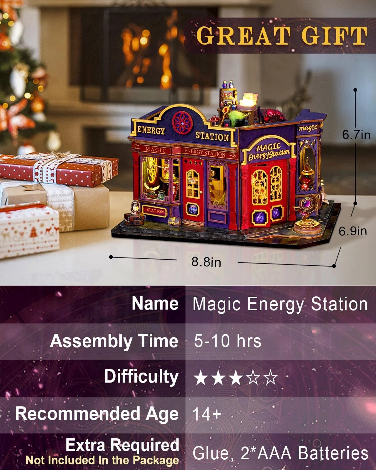 Miniature House Kit Magic Energy Station, DIY Dollhouse Kit for Adults & Teens, Tiny House Craft Decor with LED Lights, Wooden Mini Model Gift for Birthdays & Holidays