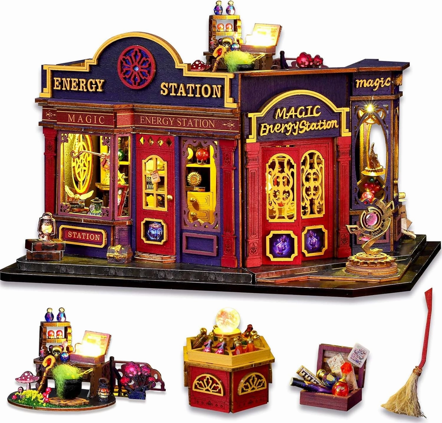 Miniature House Kit Magic Energy Station, DIY Dollhouse Kit for Adults & Teens, Tiny House Craft Decor with LED Lights, Wooden Mini Model Gift for Birthdays & Holidays