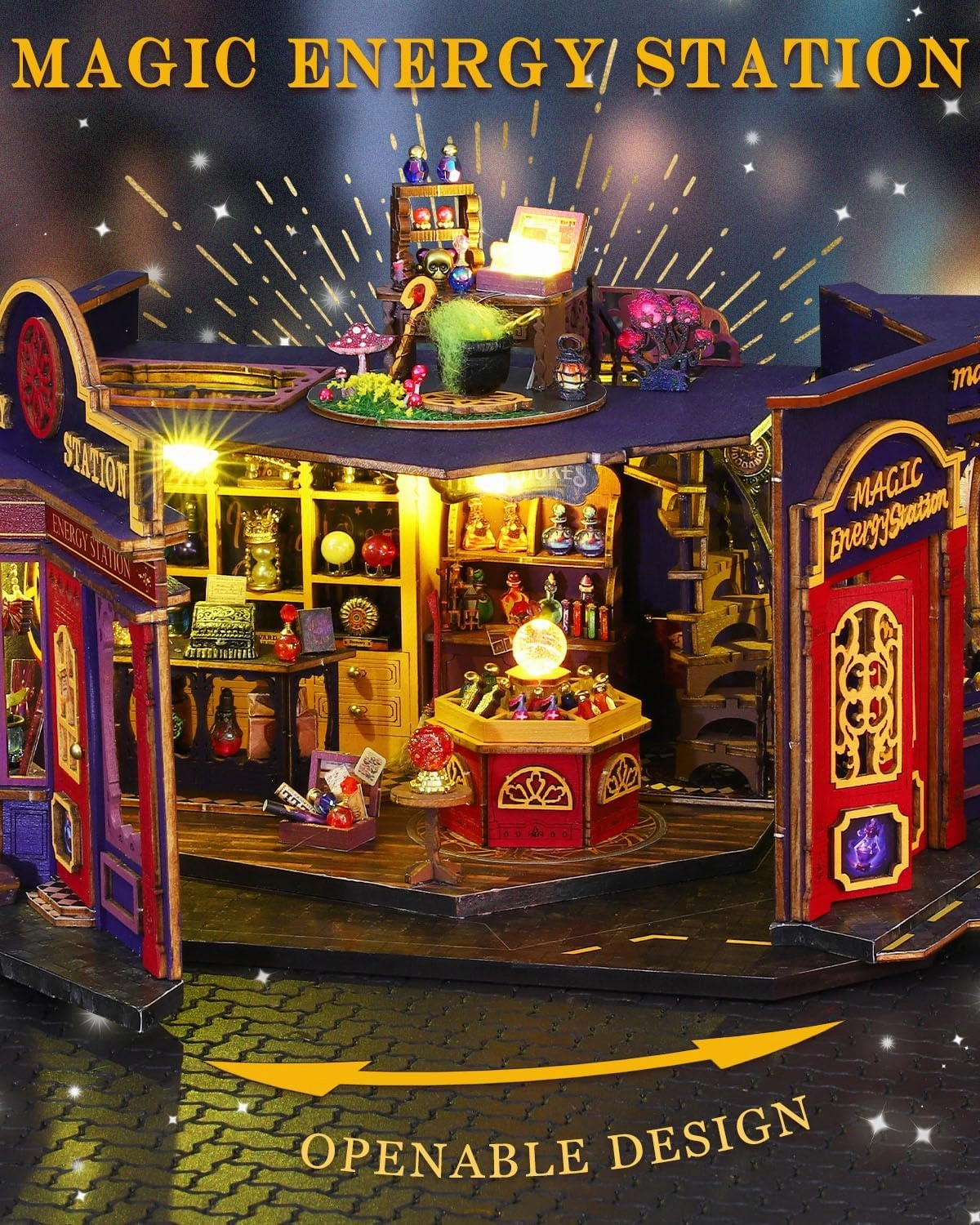 Miniature House Kit Magic Energy Station, DIY Dollhouse Kit for Adults & Teens, Tiny House Craft Decor with LED Lights, Wooden Mini Model Gift for Birthdays & Holidays