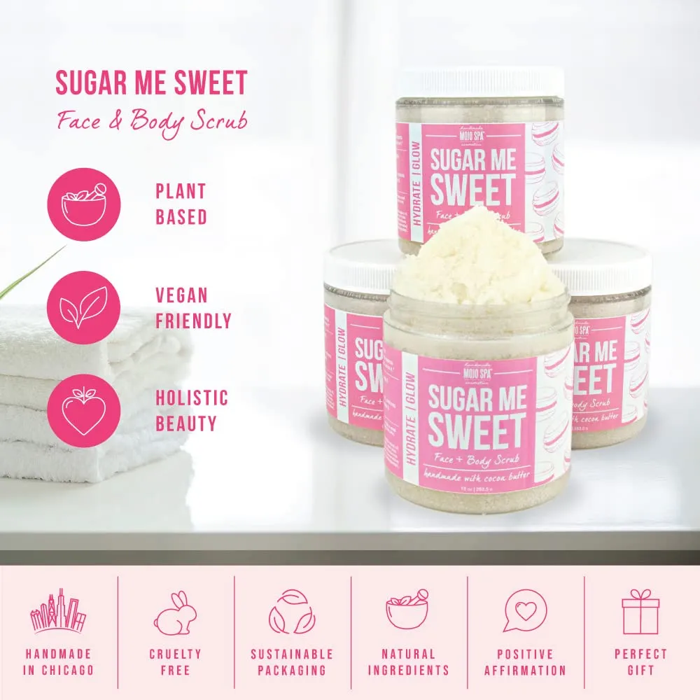 Mojo Spa Sugar Me Sweet Face and Body Scrub | Vanilla, Cotton Candy Scent | Moisturizing Sugar Based Exfoliator | 10 oz