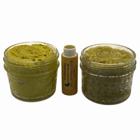 Muji's Shea Essentials Matcha Collection Set of 3, 4 oz Moisturizer, 6 g Lip Balm, 4 oz Body Scrub Exfoliator with Real Cane Sugar and Shea Butter