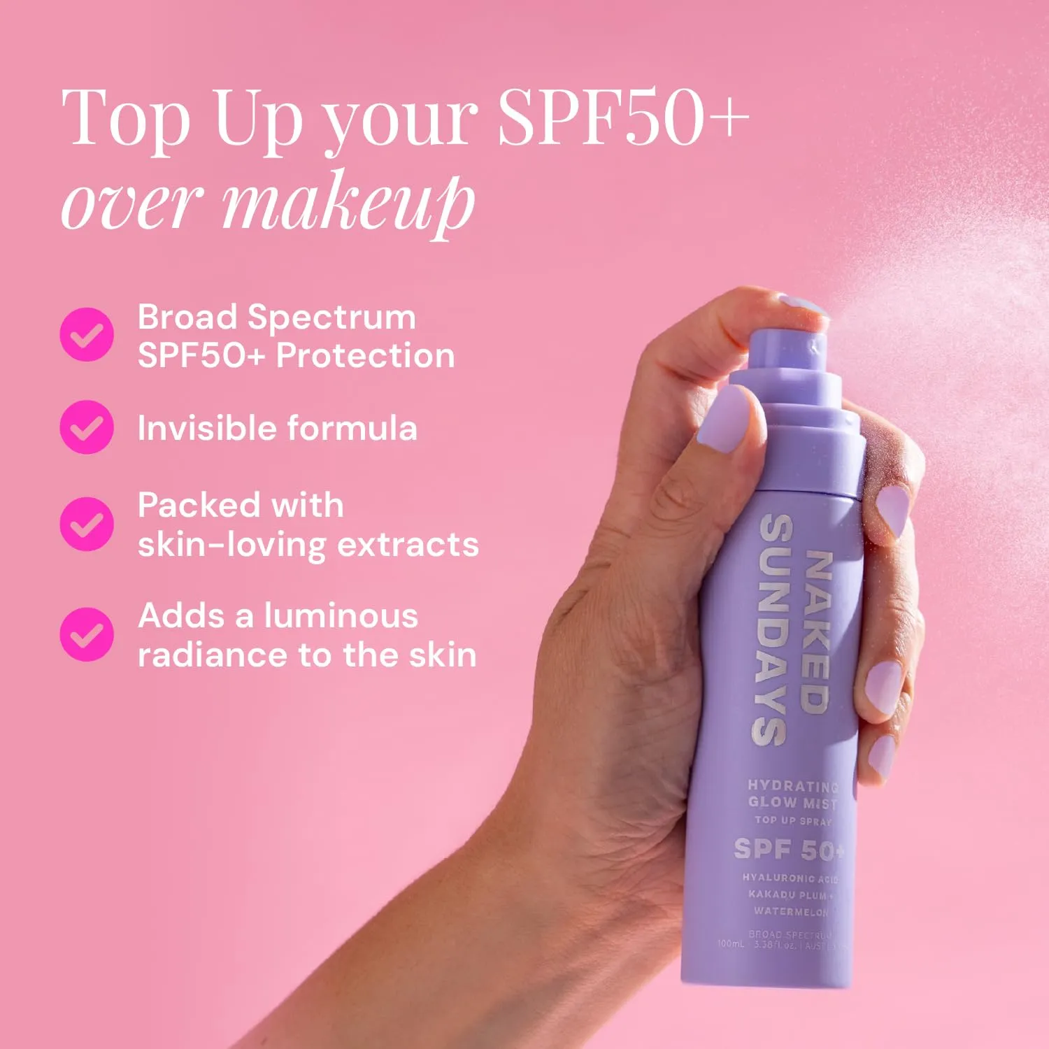 Naked Sundays SPF 50  Hydrating Glow Mist SPF Setting Spray and Face Sunscreen, Lightweight & Non-Greasy, Hydrating Ultra-Fine Mist with Hyaluronic Acid for All Skin Types, Makeup-Friendly(75ml)