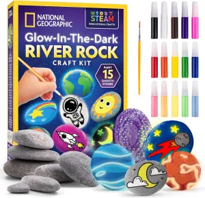 NATIONAL GEOGRAPHIC Glow in the Dark Rock Painting Kit - Arts & Crafts Kit for Kids, Decorate 15 River Rocks with 15 Paint Colors & More Art Supplies, Kids Craft, Art Kit, Kid Activity Kit