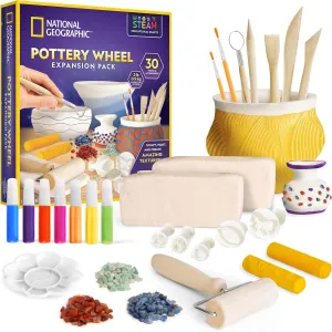 National Geographic Pottery Wheel Refill Kit – 2 lbs. Air Dry Clay, 30 Pottery Tools & Accessories, Gemstone Chips, Sculpting Clay Tools, 7 Paints & More, Great Craft Kit for Kids