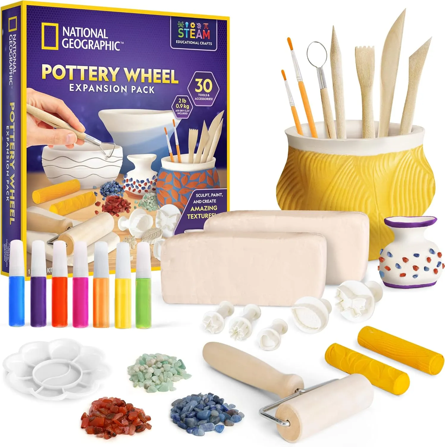 National Geographic Pottery Wheel Refill Kit – 2 lbs. Air Dry Clay, 30 Pottery Tools & Accessories, Gemstone Chips, Sculpting Clay Tools, 7 Paints & More, Great Craft Kit for Kids