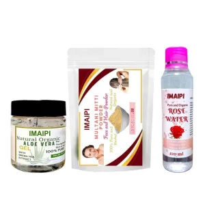 Natural Skincare Set with Aloe Vera Gel, Multani Mitti Powder, Rose Water, 3-Piece Beauty Kit