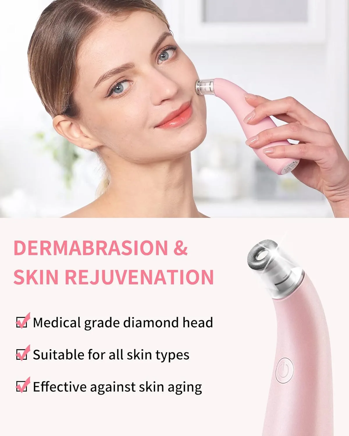 NEWDERMO 2-in-1 Microdermabrasion Machine for Facial, Diamond Microdermabrasion Device USB Rechargeable - Advanced Home Facial Treatment Machine (Pink)