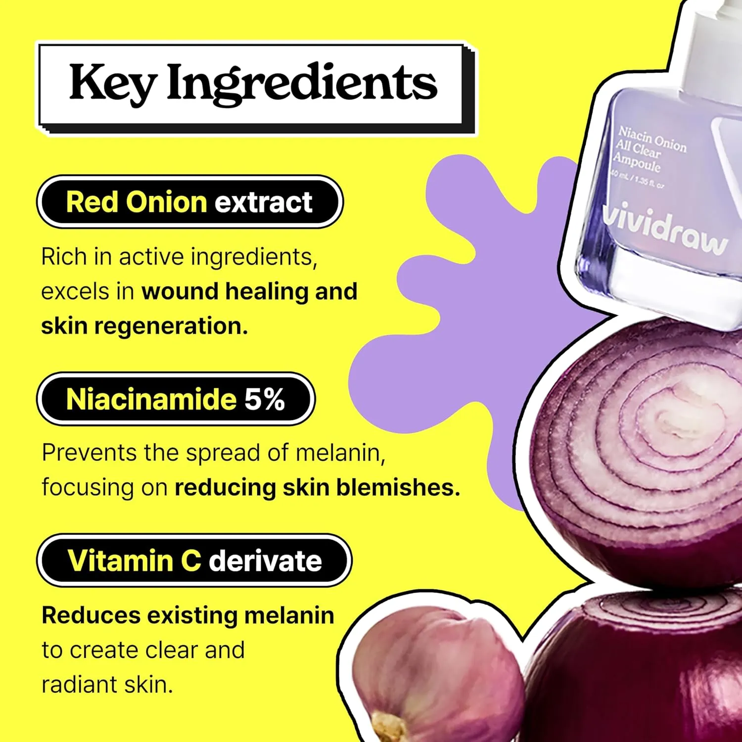 Niacin Onion All Clear Ampoule | Acne Dark Spot Serum for Face | Red Onion, 5% Niacinamide, and Vitamin C | Glass Skin, Evens Tone | Korean Skincare | Cruelty-Free (40ml, 1.35 fl. oz.)