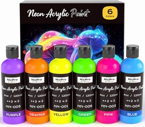 Nicpro 6 Colors Fluorescent Acrylic Paint Set (4 oz, 120 ml), Glow in the Black Light, Non-Toxic & Vibrant Neon Paint for Neon Party Decoration, DIY Project on Multi-Surface, Canvas, Rock, Wood, Craft