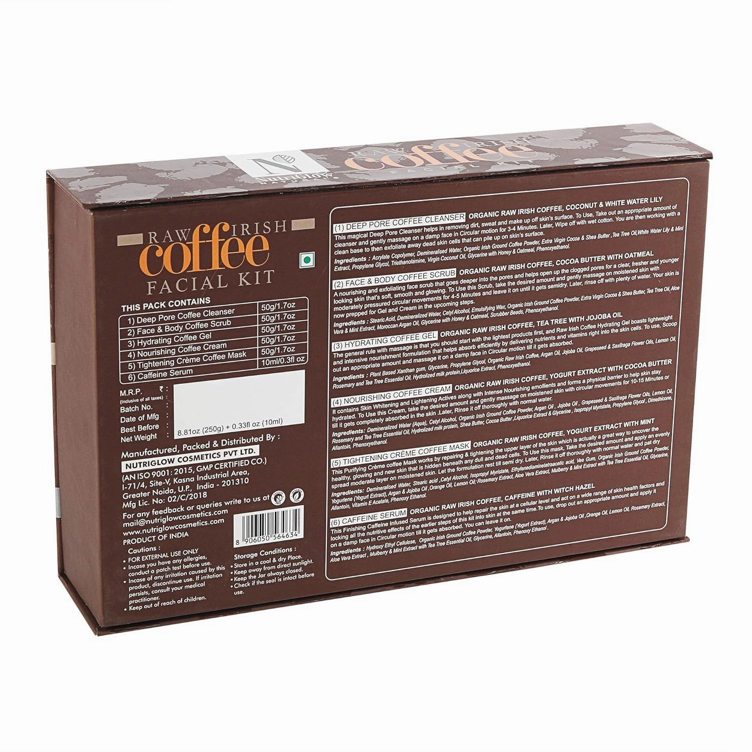 NutriGlow Natural's Raw Irish Coffee Facial Kit, Exfoliates Dead Skin Pore Cleanser Anti Tan & Acne Removal, Polished Younger-Looking Skin (8.8 Oz   0.3 Fl Oz)
