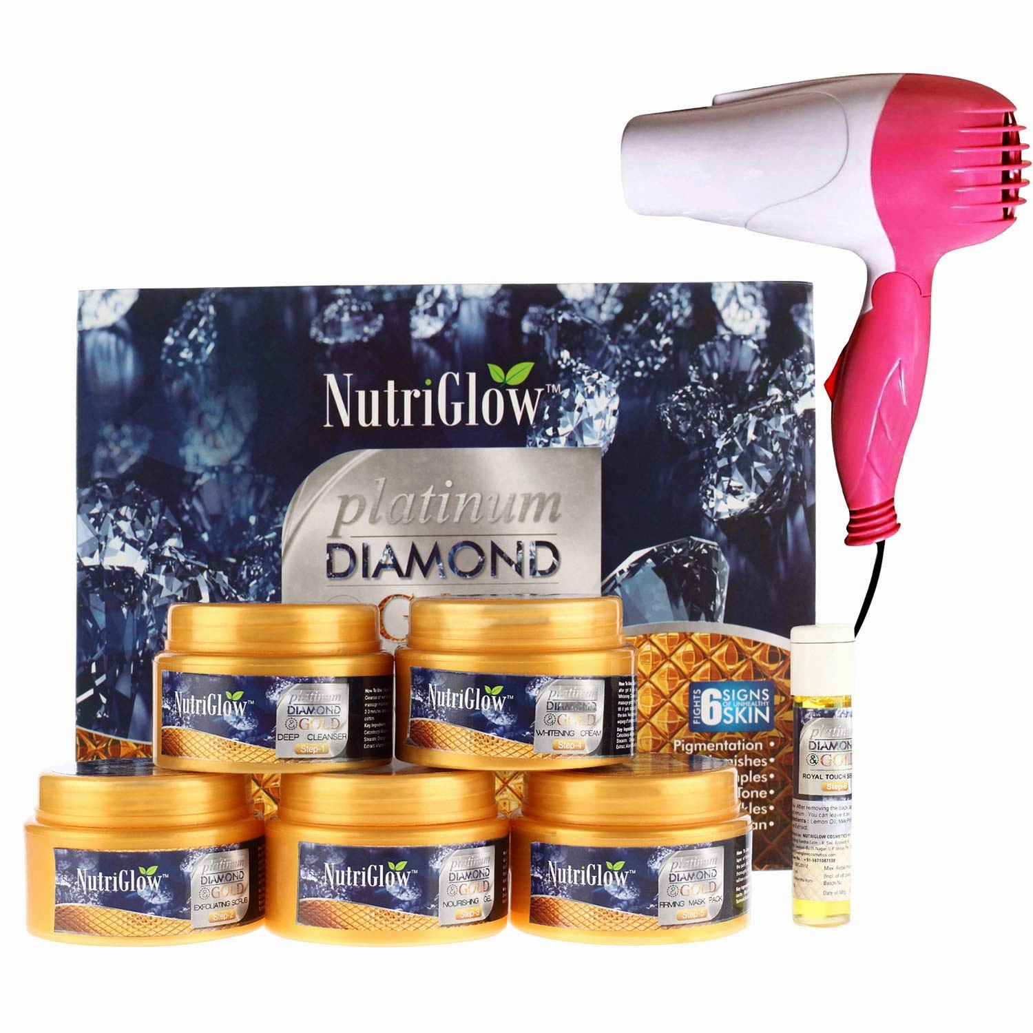 Nutriglow Platinum, Diamond & Gold Facial Kit For Brightening, Glowing Skin, Spotless Skin, Remove Tanning, All Skin Types, 250gm 10ml With Hair Dryer, Pink