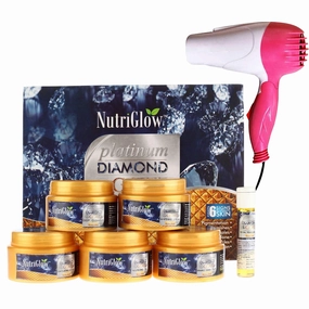 Nutriglow Platinum, Diamond & Gold Facial Kit For Brightening, Glowing Skin, Spotless Skin, Remove Tanning, All Skin Types, 250gm 10ml With Hair Dryer, Pink