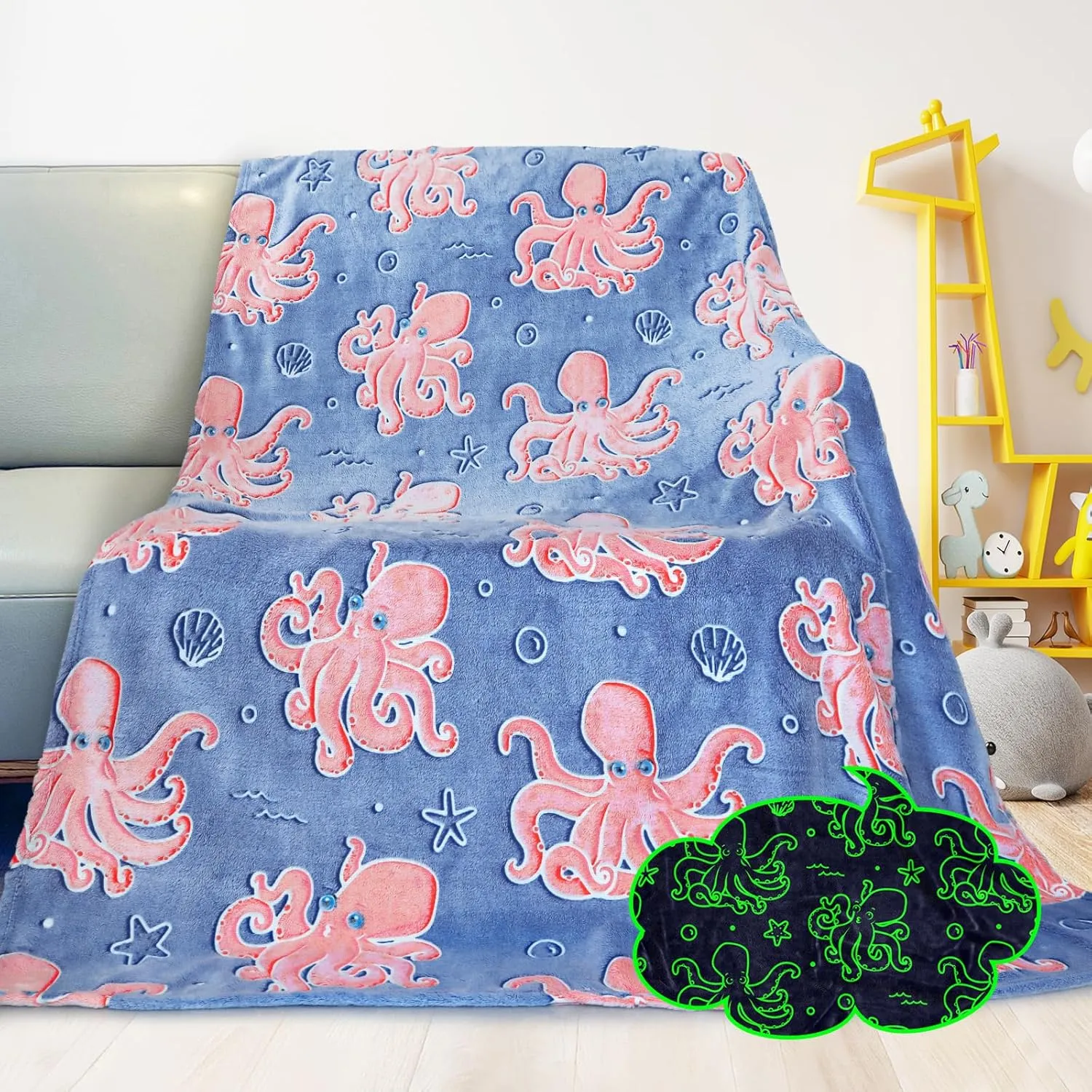 Octopus Blanket Glow in The Dark Ocean Blanket Soft Pink Octopus Gifts Toys Decor Blue Fleece Kids Throw for Boys Girls Teens Birthday