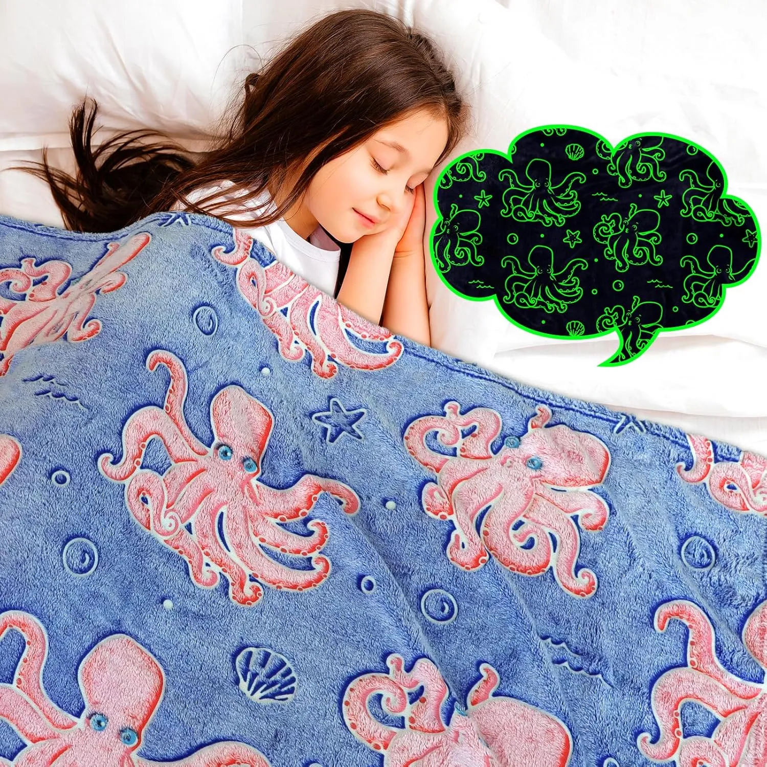Octopus Blanket Glow in The Dark Ocean Blanket Soft Pink Octopus Gifts Toys Decor Blue Fleece Kids Throw for Boys Girls Teens Birthday