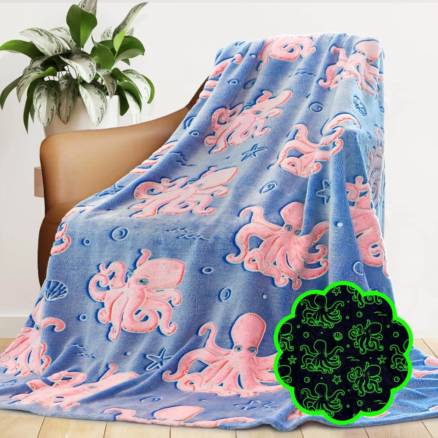 Octopus Blanket Glow in The Dark Ocean Blanket Soft Pink Octopus Gifts Toys Decor Blue Fleece Kids Throw for Boys Girls Teens Birthday
