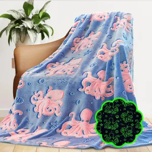 Octopus Blanket Glow in The Dark Ocean Blanket Soft Pink Octopus Gifts Toys Decor Blue Fleece Kids Throw for Boys Girls Teens Birthday