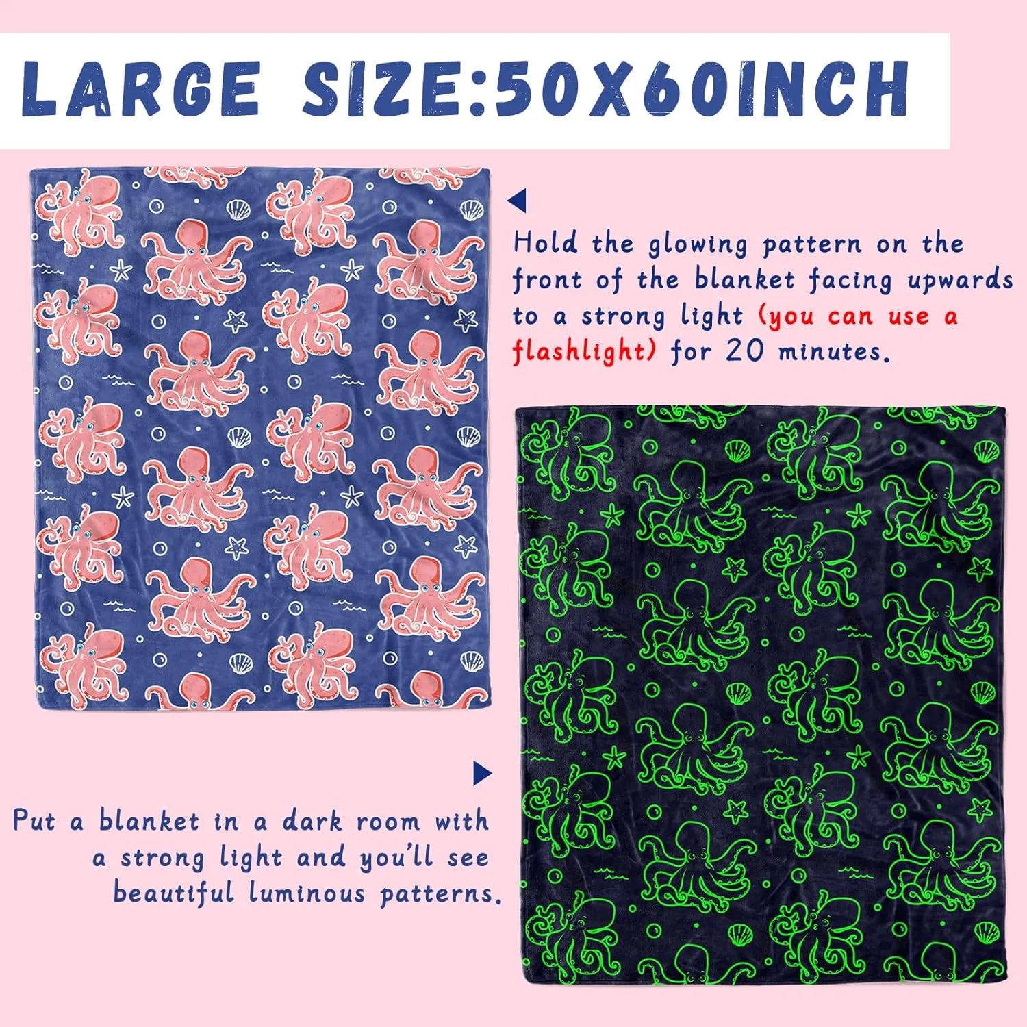 Octopus Blanket Glow in The Dark Ocean Blanket Soft Pink Octopus Gifts Toys Decor Blue Fleece Kids Throw for Boys Girls Teens Birthday