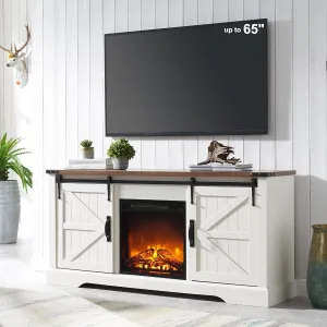 OKD Farmhouse Electric TV Stand for 65  Inch TV, Rustic Entertainment Center with 18" Fireplace, Sliding Barn Door, Storage Shelves, Wood Media Console Cabinet for Living Room, Antique White