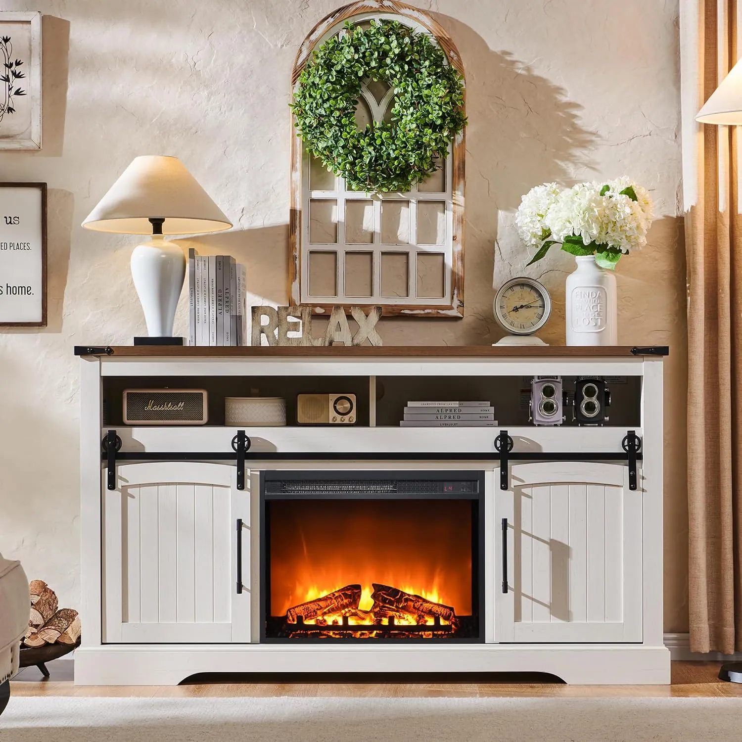 OKD Farmhouse Fireplace TV Stand for 70  Inch TV, 33" Tall Highboy Entertainment Center w/Electric Fireplace, Rustic Media Console w/Sliding Arched Door for Living Room,Antique White
