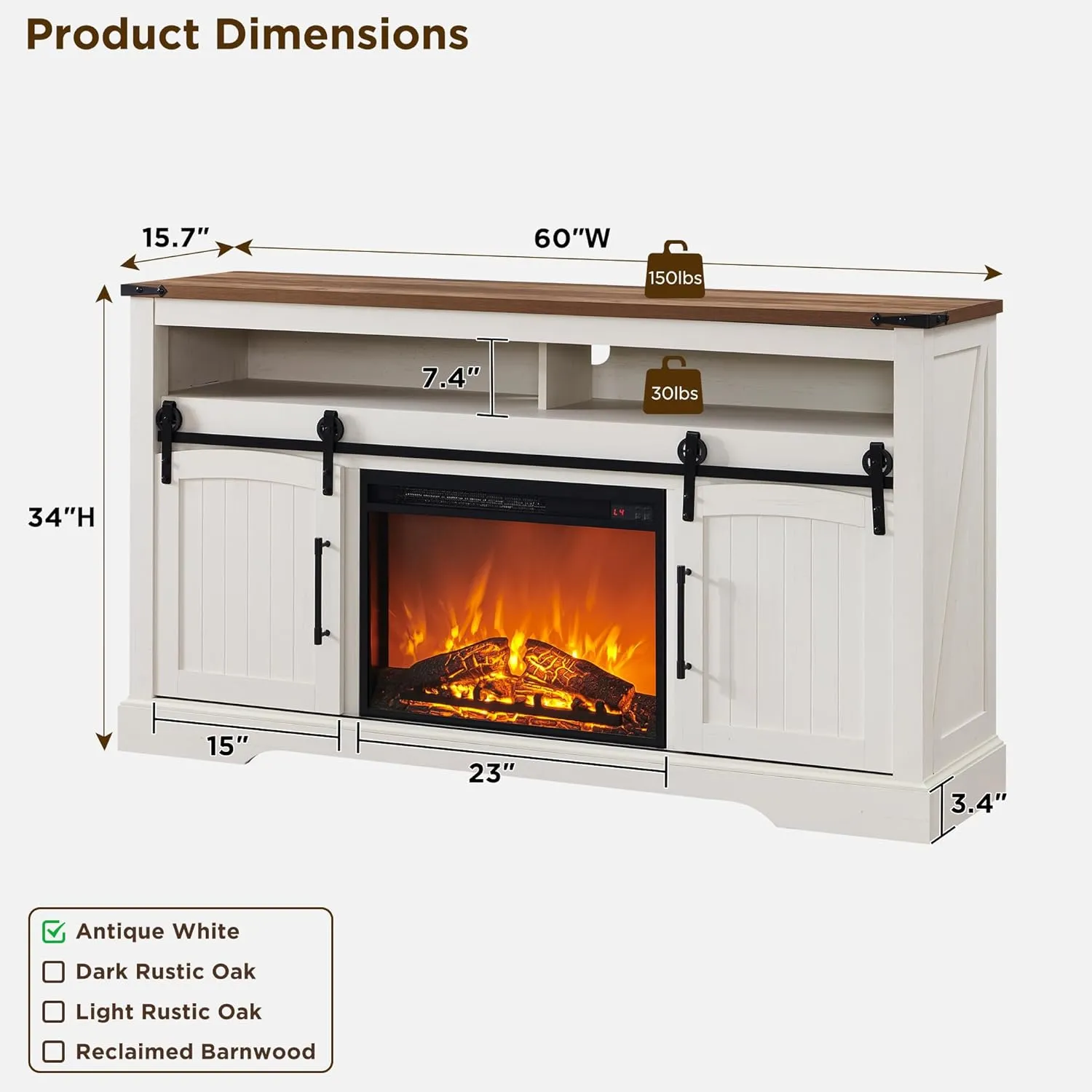 OKD Farmhouse Fireplace TV Stand for 70  Inch TV, 33" Tall Highboy Entertainment Center w/Electric Fireplace, Rustic Media Console w/Sliding Arched Door for Living Room,Antique White