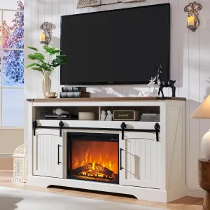 OKD Farmhouse Fireplace TV Stand for 70  Inch TV, 33" Tall Highboy Entertainment Center w/Electric Fireplace, Rustic Media Console w/Sliding Arched Door for Living Room,Antique White