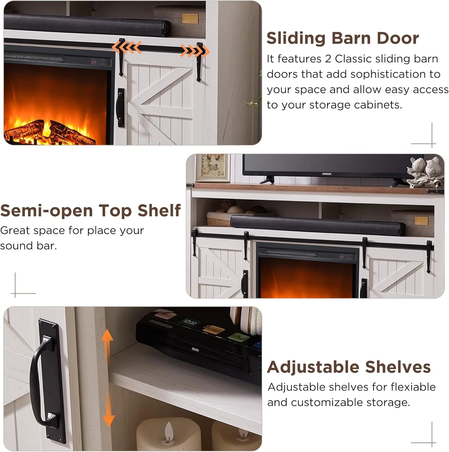 OKD Fireplace TV Stand for 65  Inch TV, 33" Tall Highboy Farmhouse Entertainment Center w/ 23'' Electric Fireplace, Rustic Media Console w/Sliding Barn Door for Living Room, Antique White