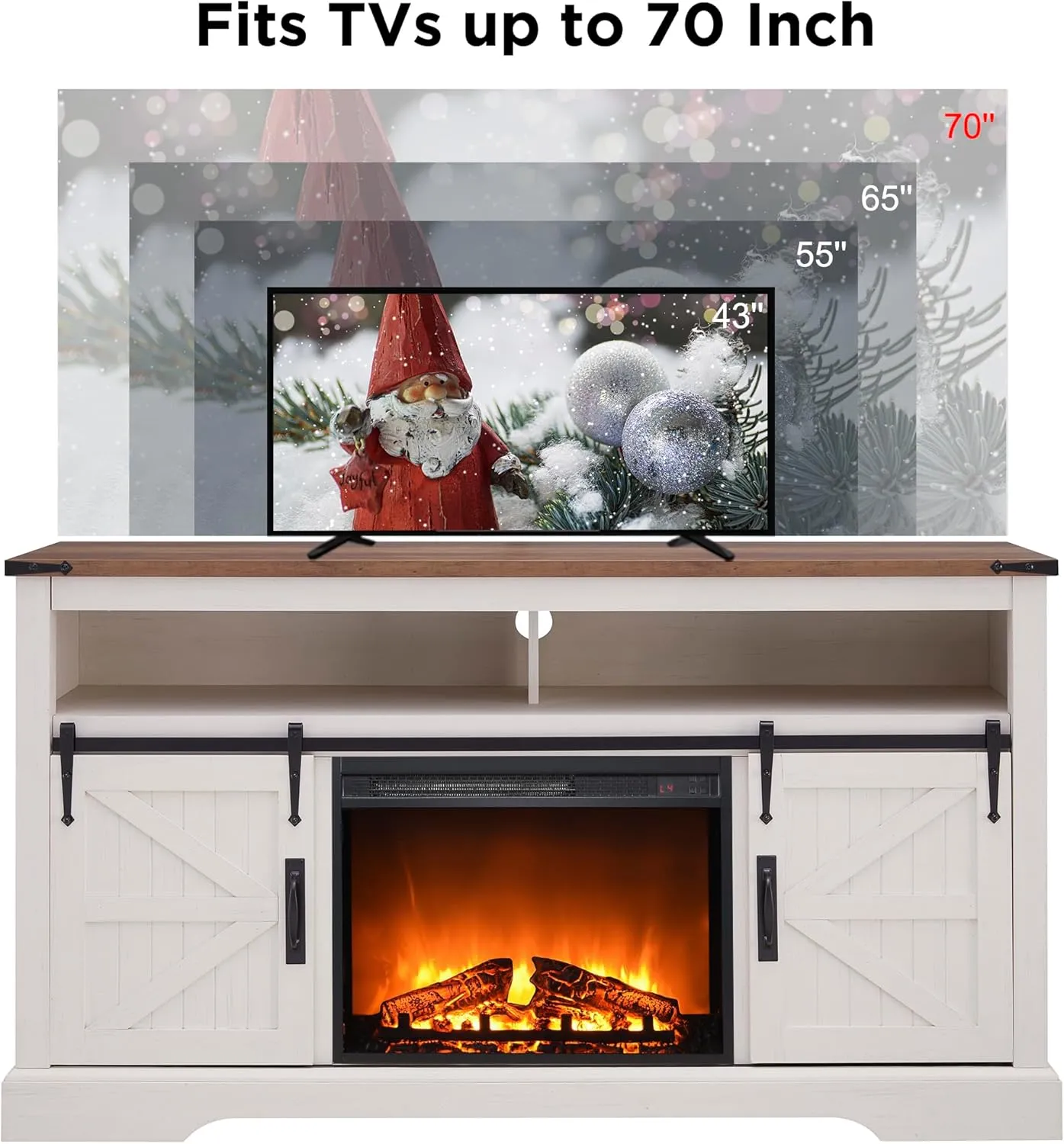 OKD Fireplace TV Stand for 65  Inch TV, 33" Tall Highboy Farmhouse Entertainment Center w/ 23'' Electric Fireplace, Rustic Media Console w/Sliding Barn Door for Living Room, Antique White