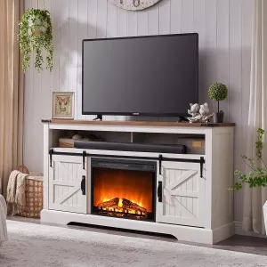 OKD Fireplace TV Stand for 65  Inch TV, 33" Tall Highboy Farmhouse Entertainment Center w/ 23'' Electric Fireplace, Rustic Media Console w/Sliding Barn Door for Living Room, Antique White
