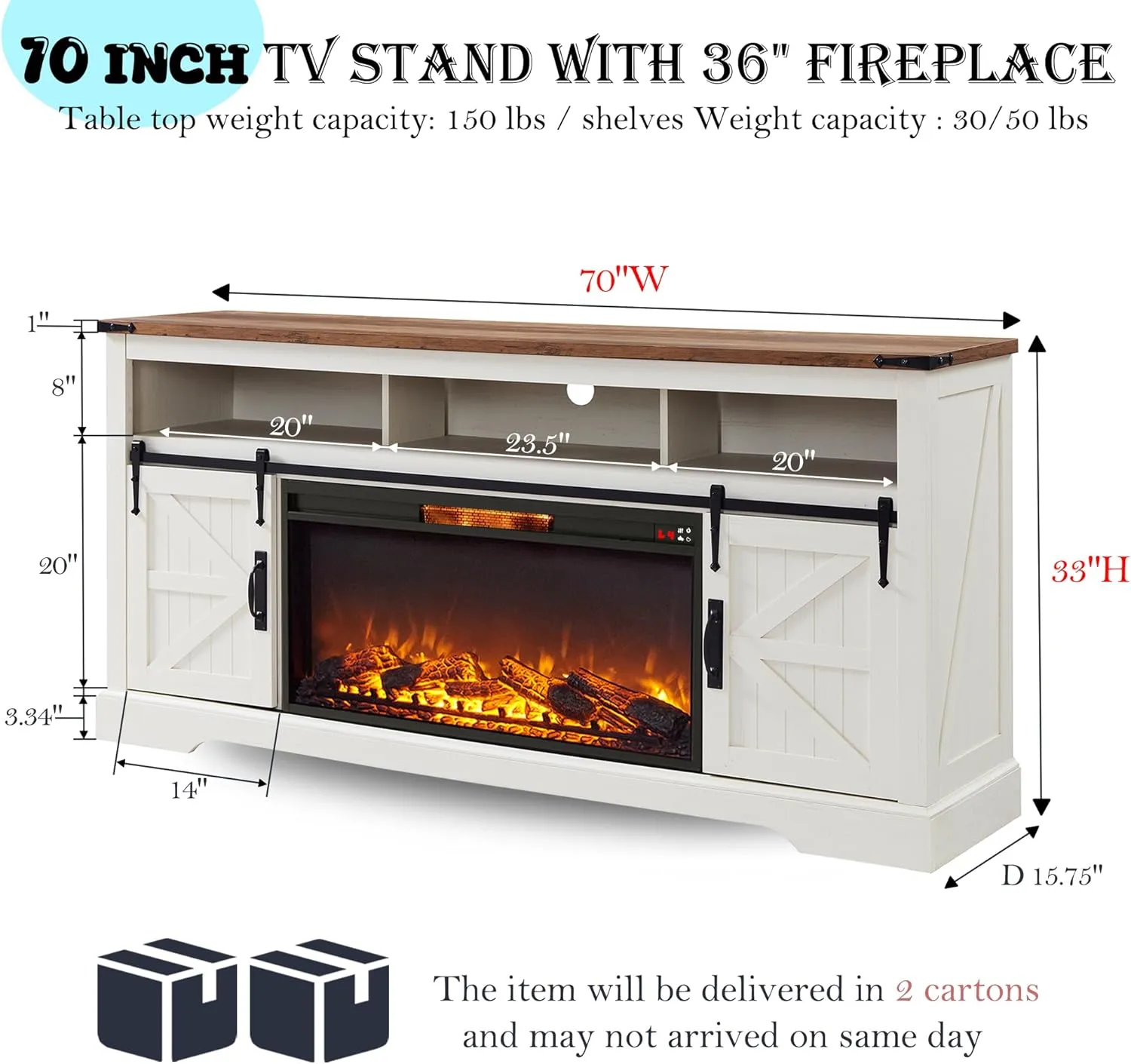 OKD Fireplace TV Stand for 80 Inch TV, 33" Tall Highboy Farmhouse Entertainment Center w/ 36'' Electric Fireplace, Rustic Media Console w/Sliding Barn Door for Living Room, Antique White
