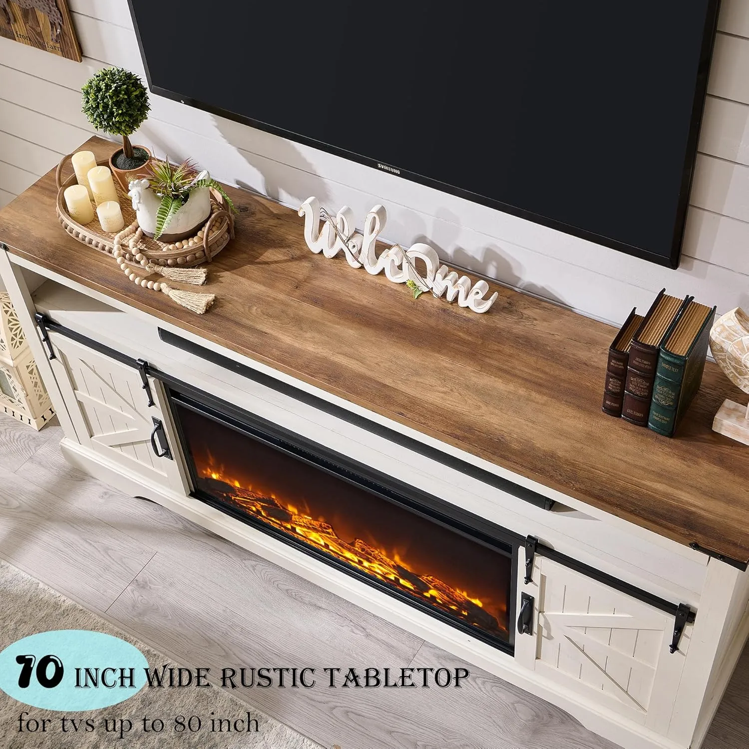 OKD Fireplace TV Stand for 80 Inch TV, 33" Tall Highboy Farmhouse Entertainment Center w/ 36'' Electric Fireplace, Rustic Media Console w/Sliding Barn Door for Living Room, Antique White