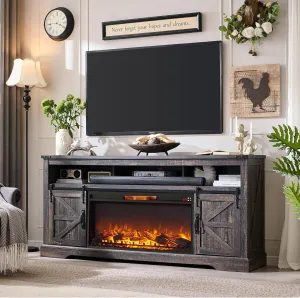 OKD Fireplace TV Stand for 80 Inch TV, 33" Tall Highboy Farmhouse Entertainment Center w/ 36'' Electric Fireplace, Rustic Media Console w/Sliding Barn Door for Living Room, Dark Rustic Oak