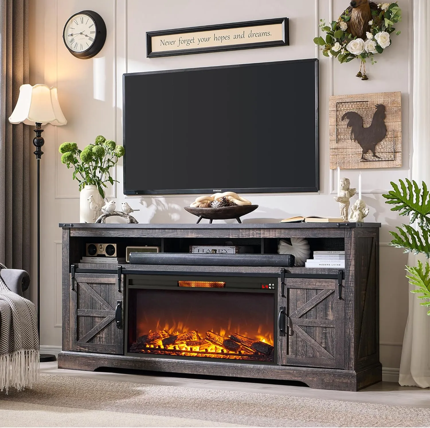 OKD Fireplace TV Stand for 80 Inch TV, 33" Tall Highboy Farmhouse Entertainment Center w/ 36'' Electric Fireplace, Rustic Media Console w/Sliding Barn Door for Living Room, Dark Rustic Oak