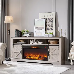 OKD Fireplace TV Stand for 80 Inch TV, 33" Tall Highboy Farmhouse Entertainment Center w/ 36'' Electric Fireplace, Rustic Media Console w/Sliding Barn Door for Living Room, Light Rustic Oak